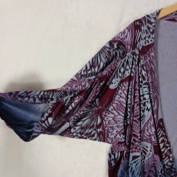 One World, Large, Butterfly Print Wrap, Ruched Sleeves, Blue/Purple/Maroon, Boho - Picture 7 of 16